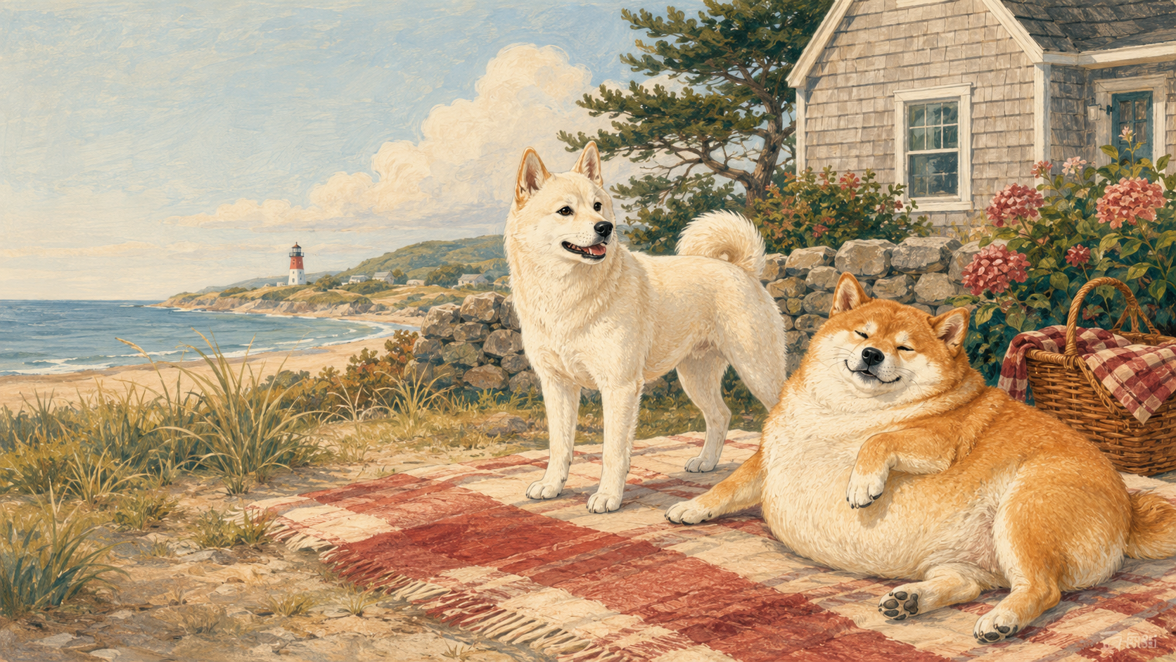 White Shiba Inu Micha standing beside chubby red Shiba Inu Miko relaxing on a picnic blanket on the Massachusetts coast